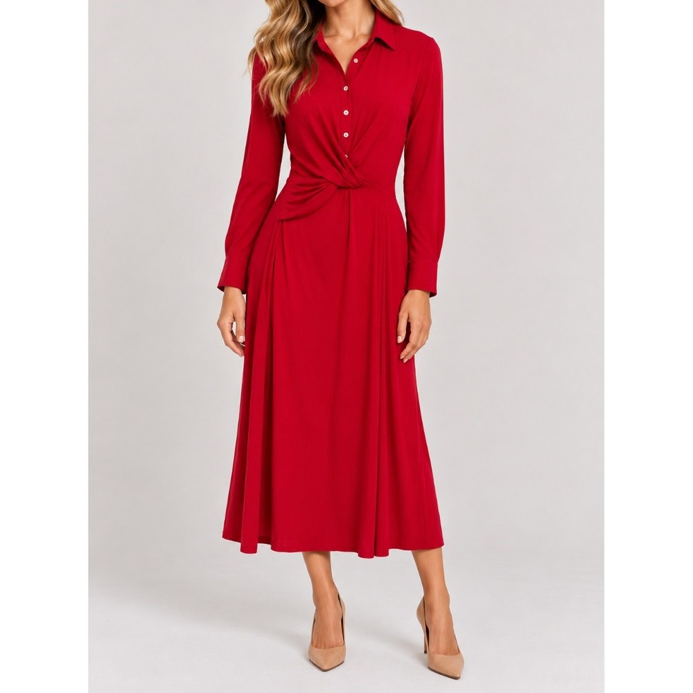 NEW Anthropologie Red Draped Wrap Front Midi Dress Long Sleeve Collared Size S